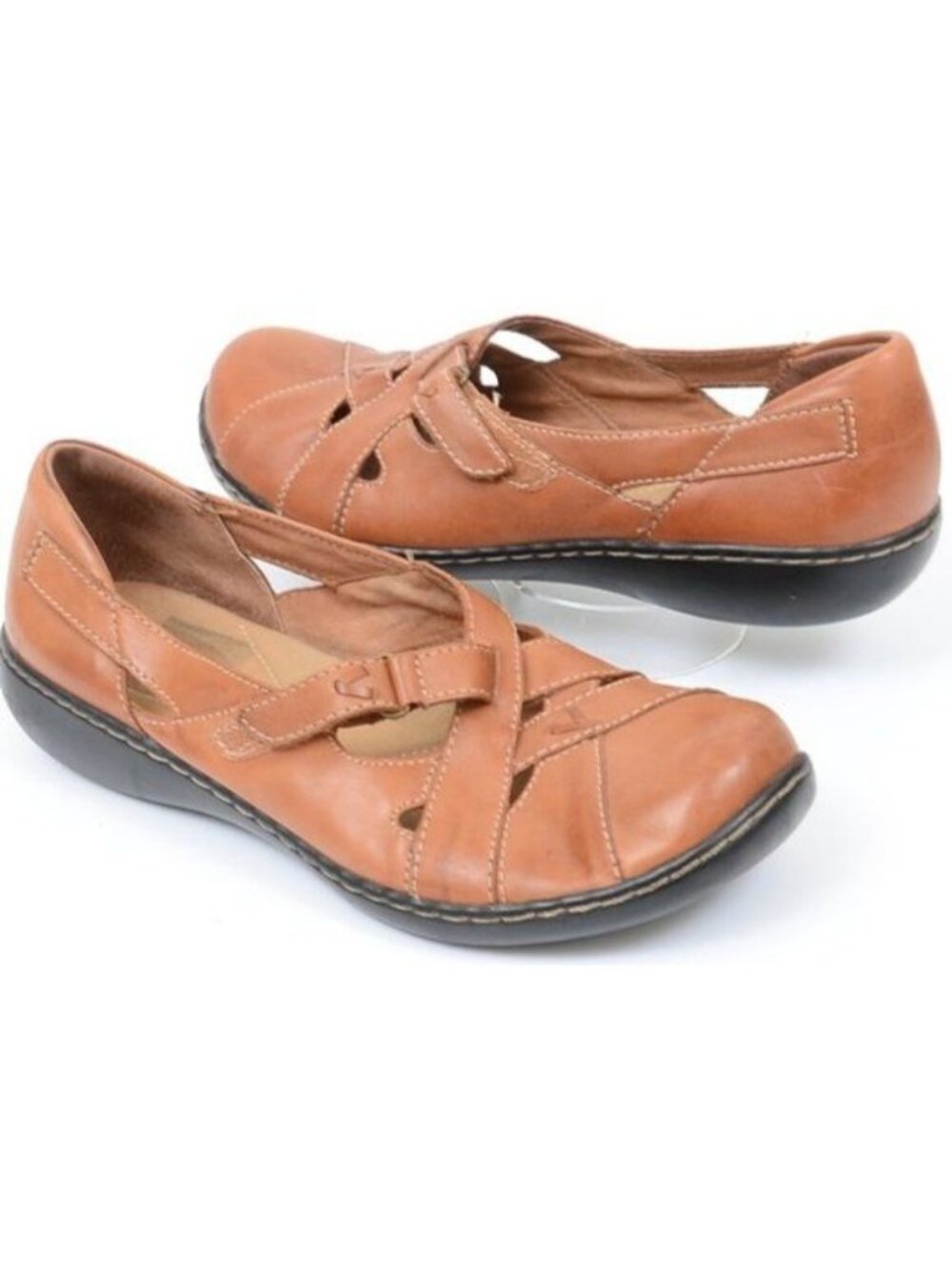 Clarks Ashland Spin Q Women's10 Brown Leather Slip-resistant Hook & Loop Flats